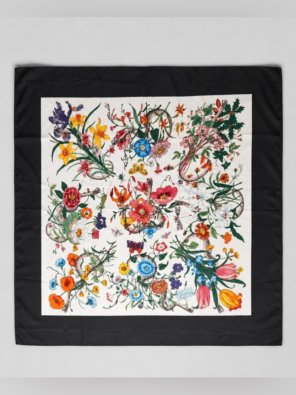 Gucci Scarf Floral Snake Silk Square Vintage Authentic